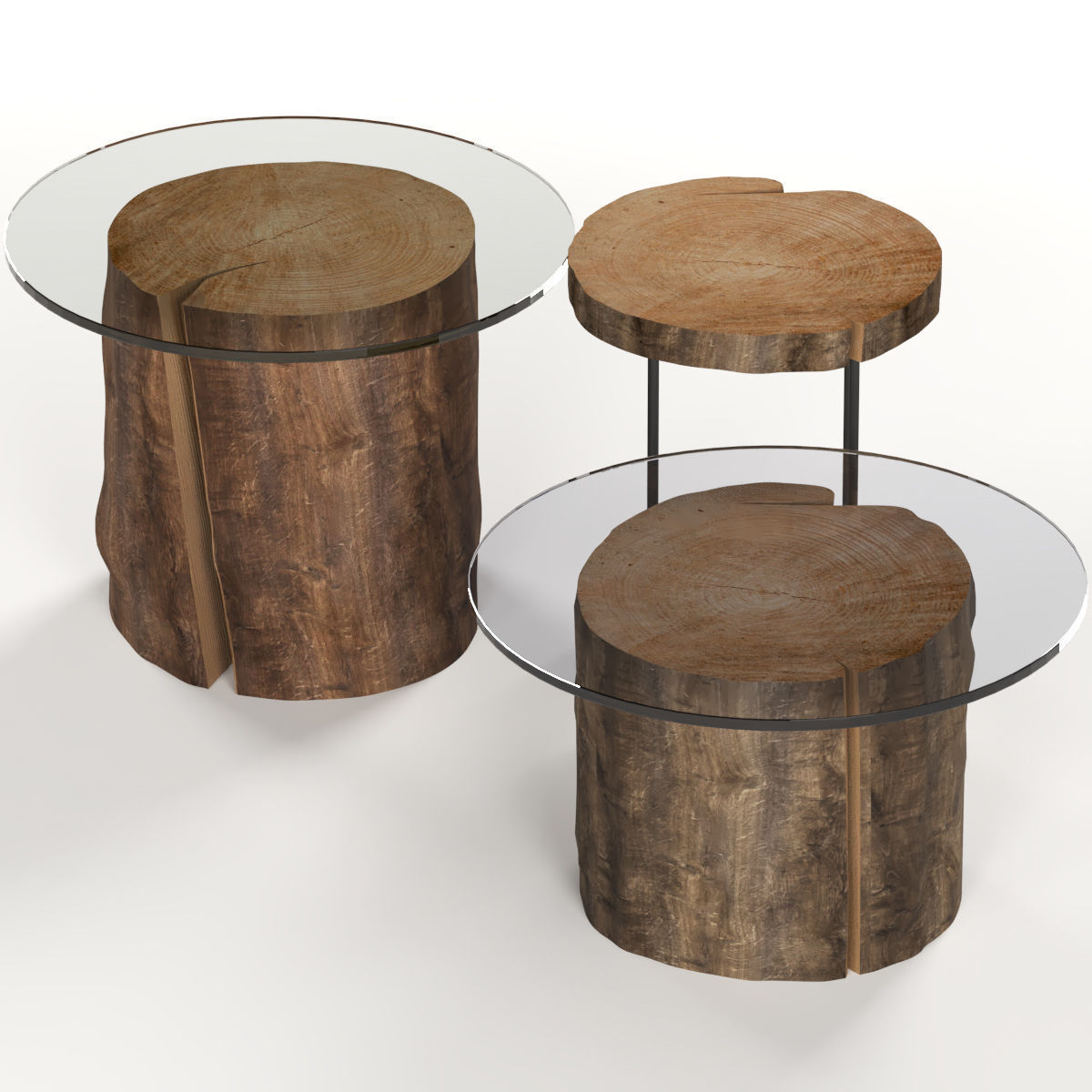 A set of dark glass tables from stumps and slab 3D model