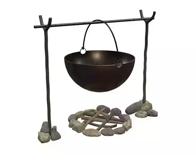 campfire cauldron with rocks and sticks 3D model