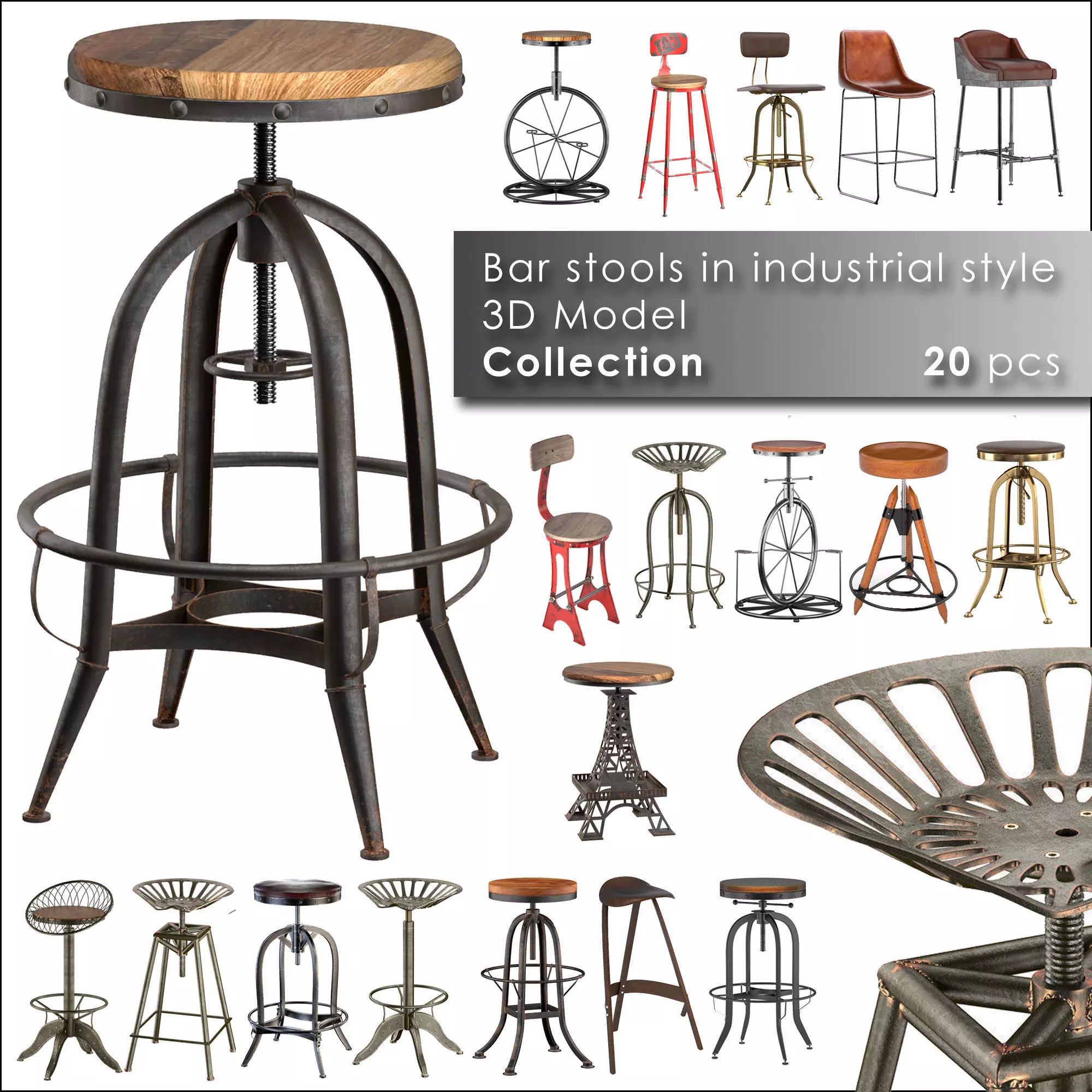 Bar stools in industrial style 3D Model Collection_0