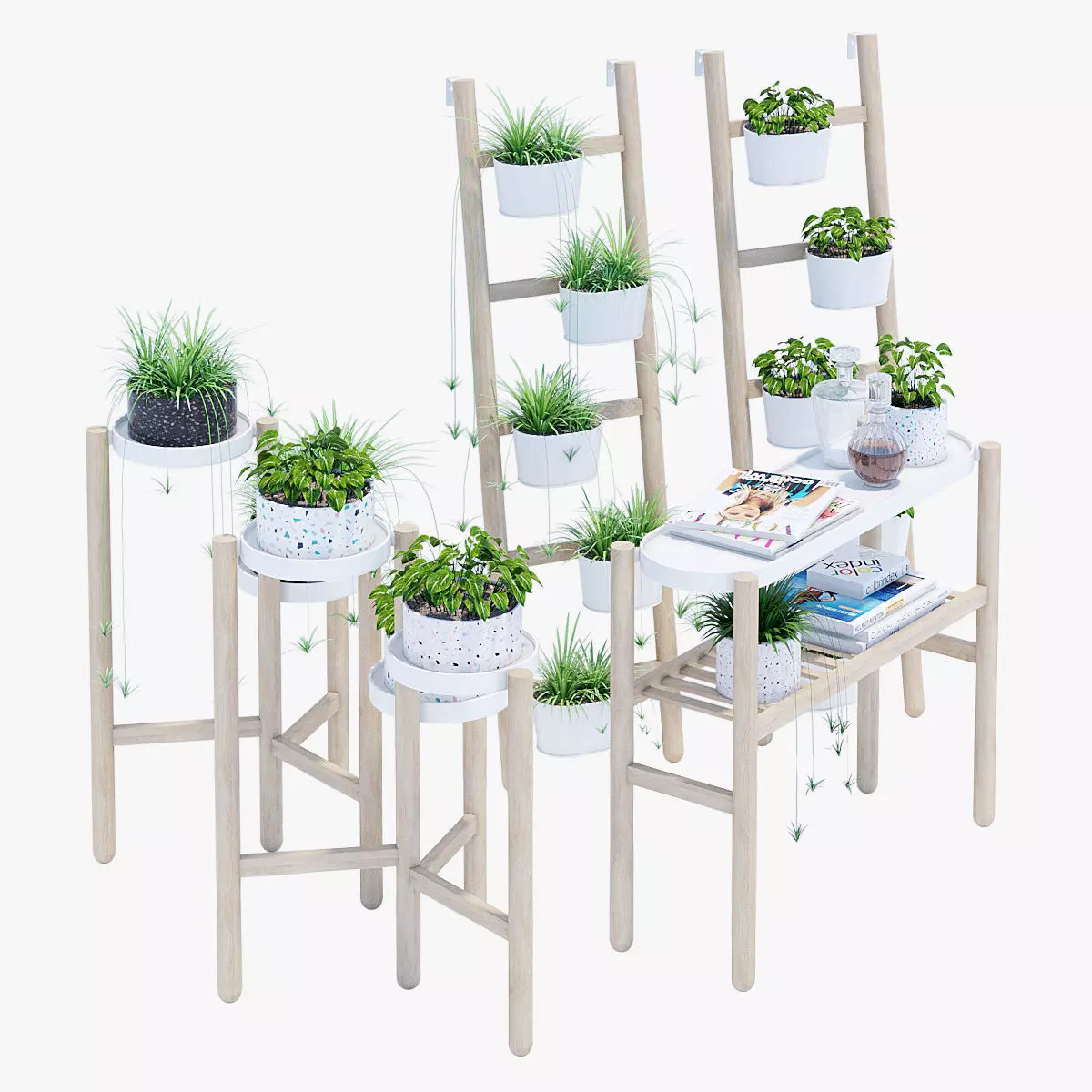 Satsumas wooden plant stand with potted plants 3D model