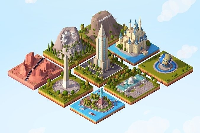 Cartoon Low Poly USA Landmarks Pack Low-poly 3D model