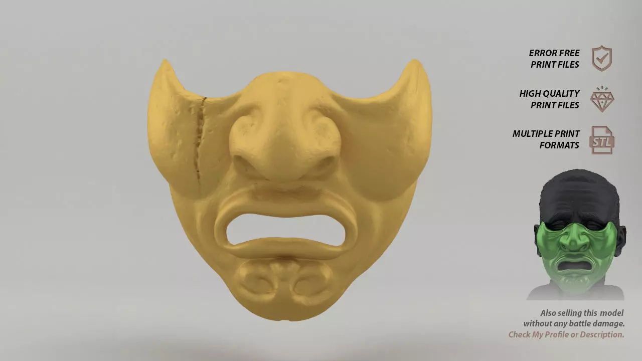 Mempo Japanese Mask  battle-worn version 3D print model_0