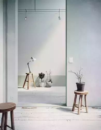 Summer room with plants and stools