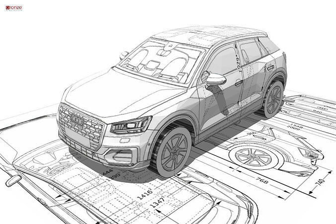 Audi Q2 3d blueprint Low-poly 3D model