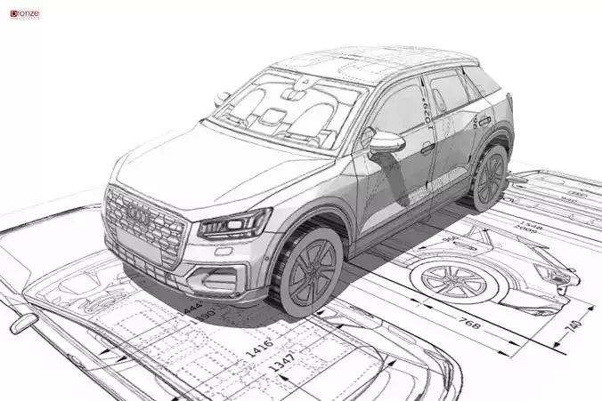 Audi Q2 3d blueprint Low-poly 3D model
