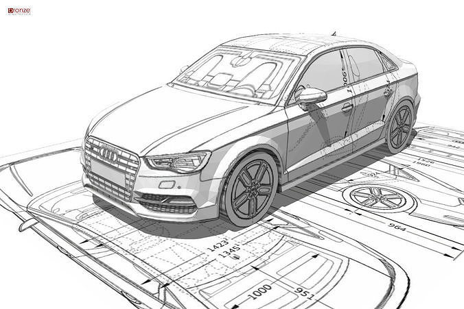 Audi A3 Limousine 3d blueprint Low-poly 3D model