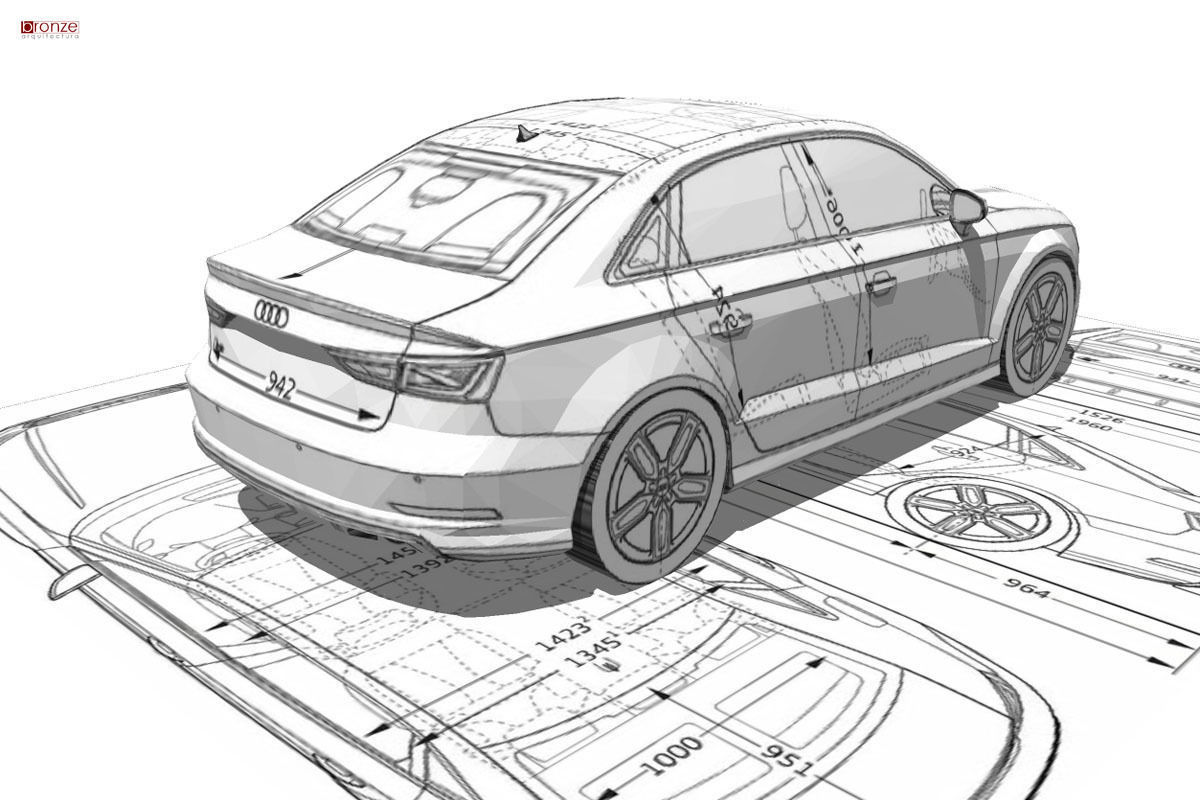 Audi A3 Limousine 3d blueprint Low-poly 3D model_2