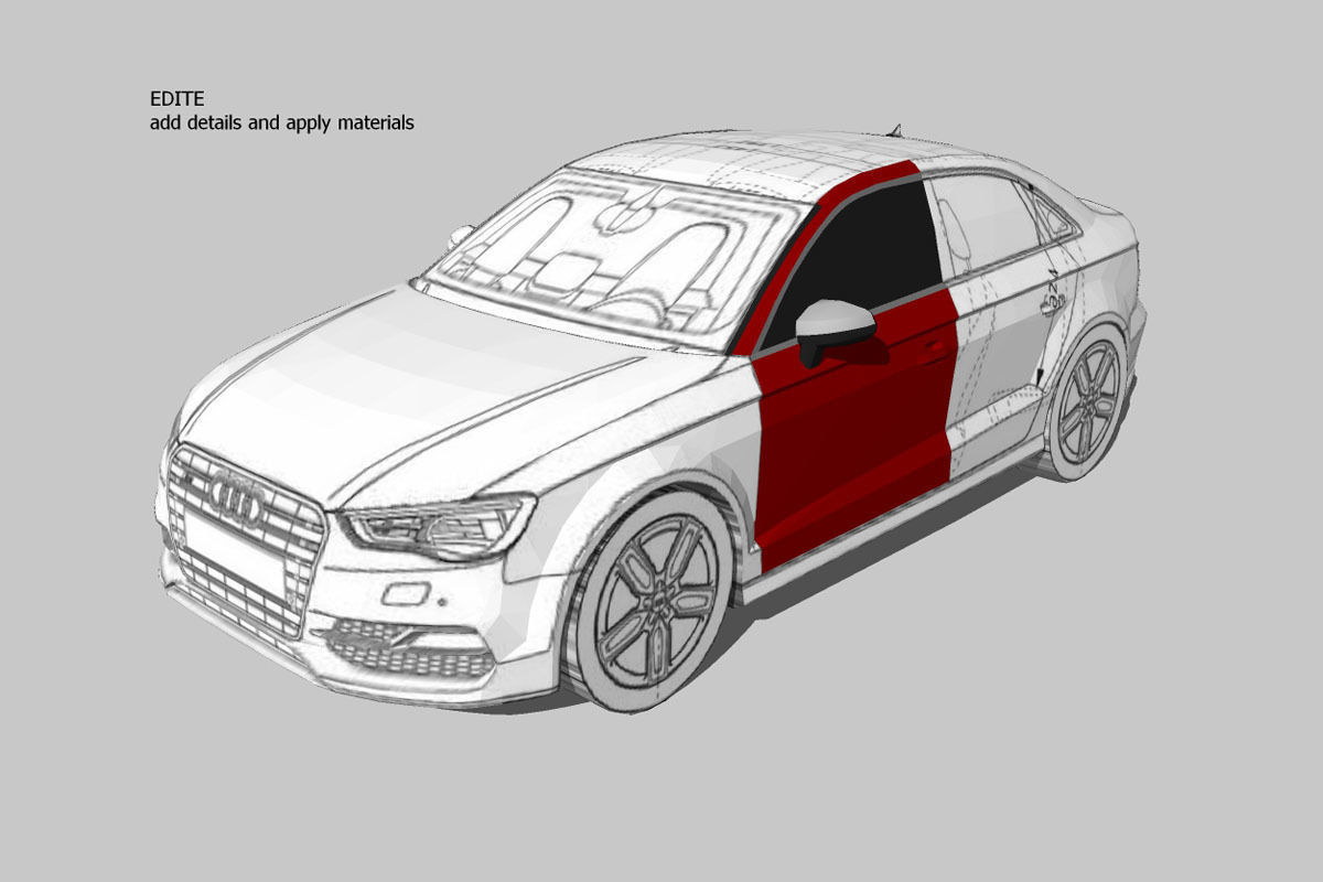 Audi A3 Limousine 3d blueprint Low-poly 3D model_11