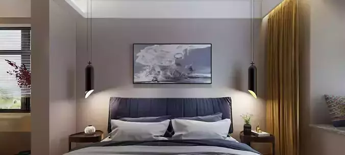 Interior bedroom with bed and lamps