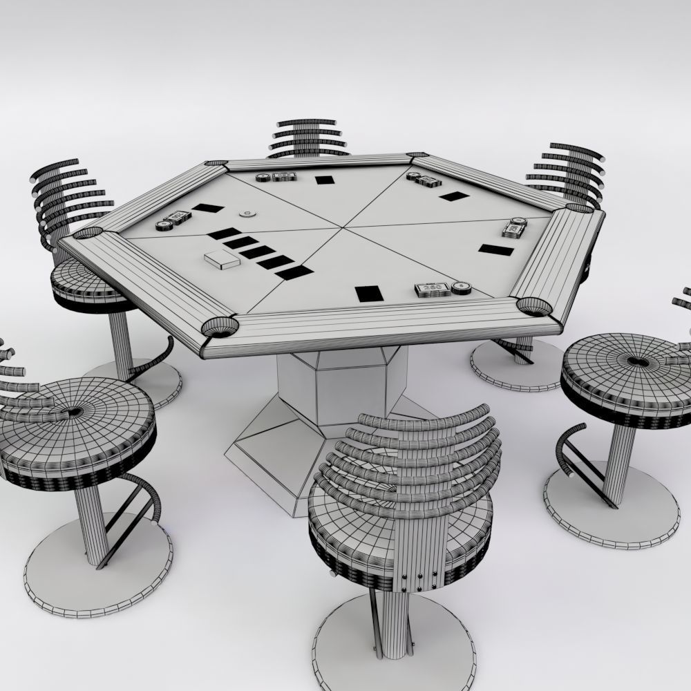 Hexagon Poker Table with 6 Chairs 3D model_1