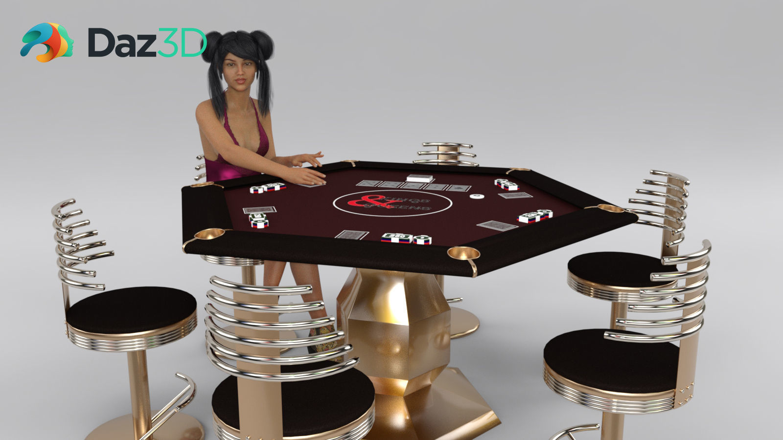Hexagon Poker Table with 6 Chairs 3D model_17