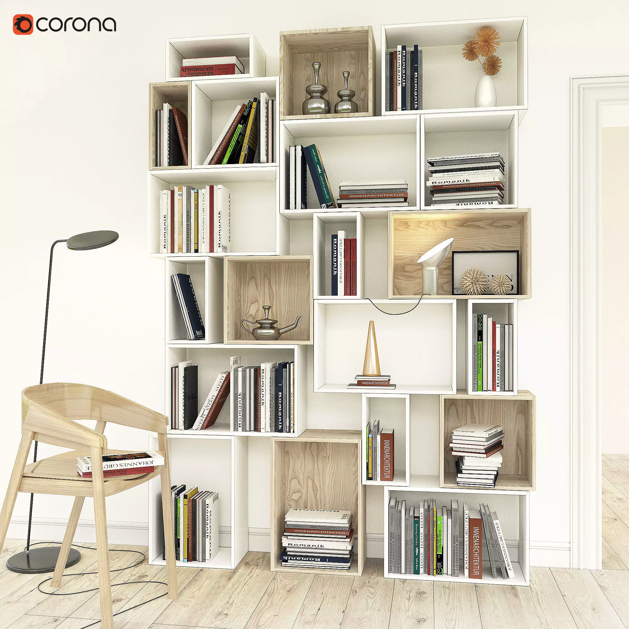 Bookshelves with chair 3D model_0