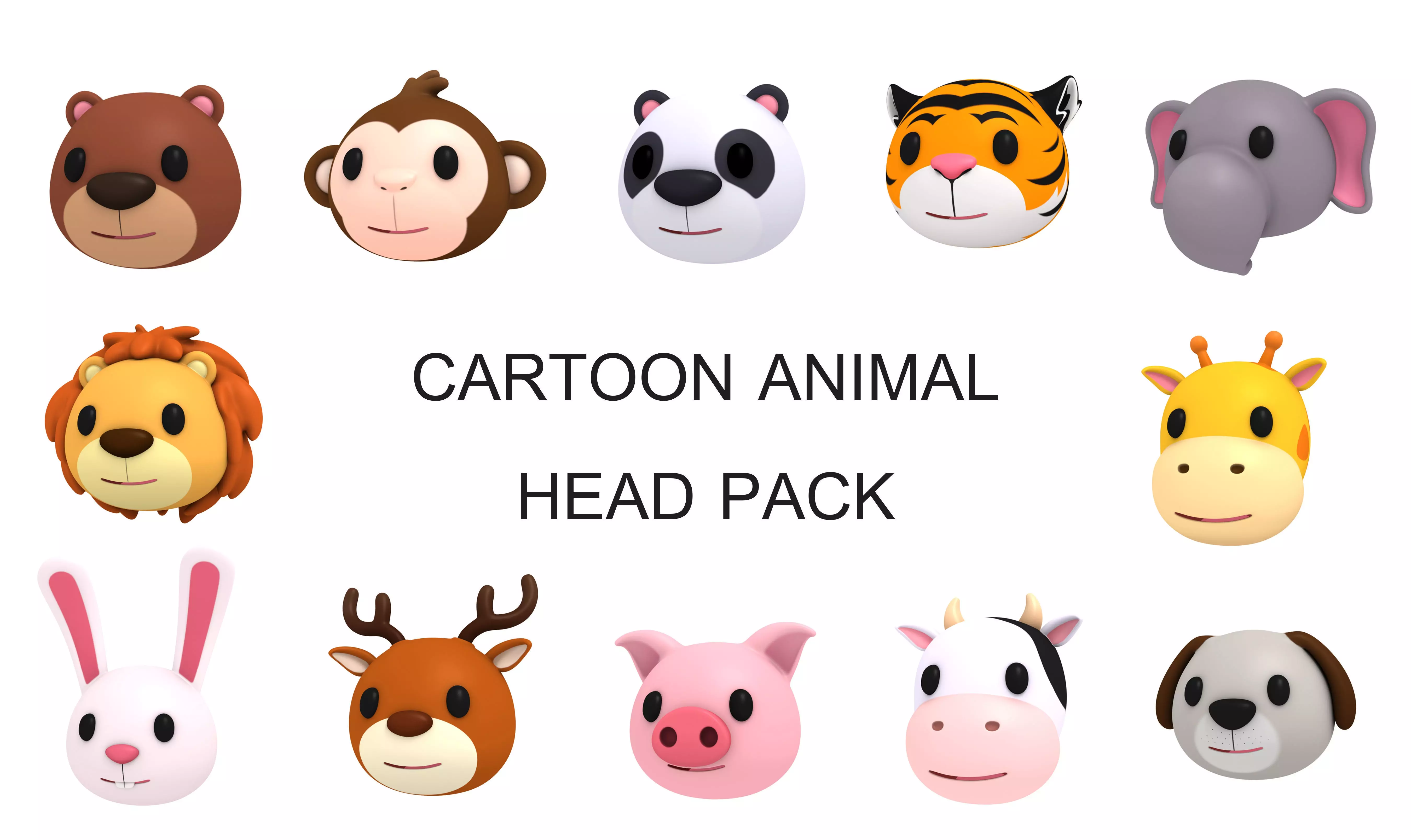 Cartoon Animal Head Pack 3D model_0