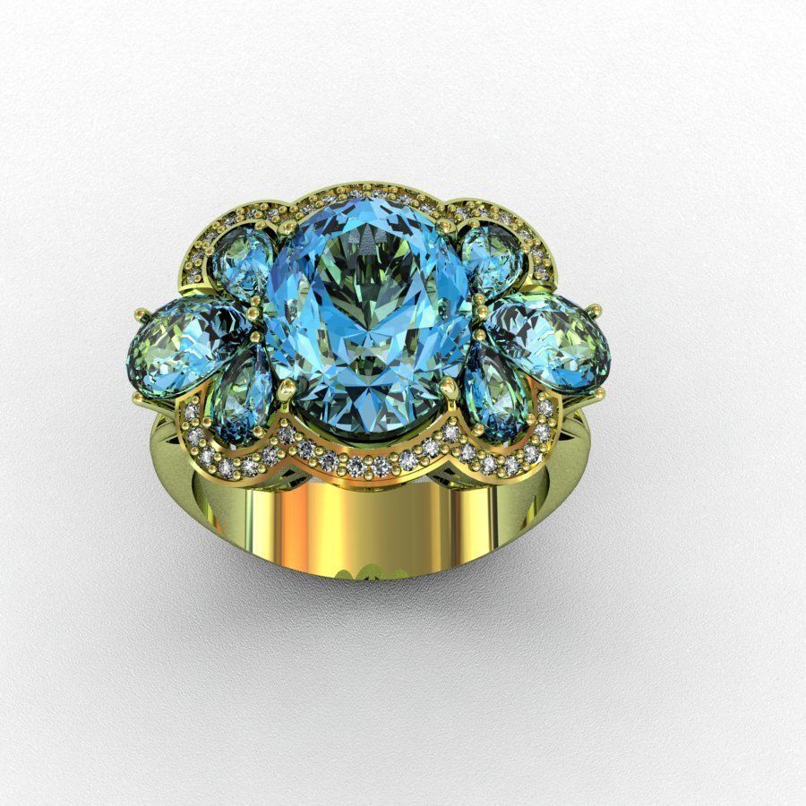 Diamond and Topaz Ring 3D print model_2