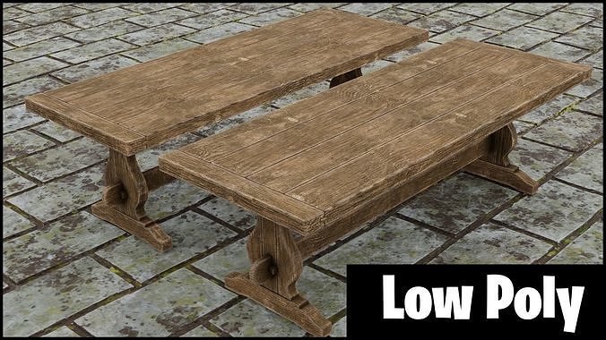 Medieval wooden long table Free low-poly 3D model