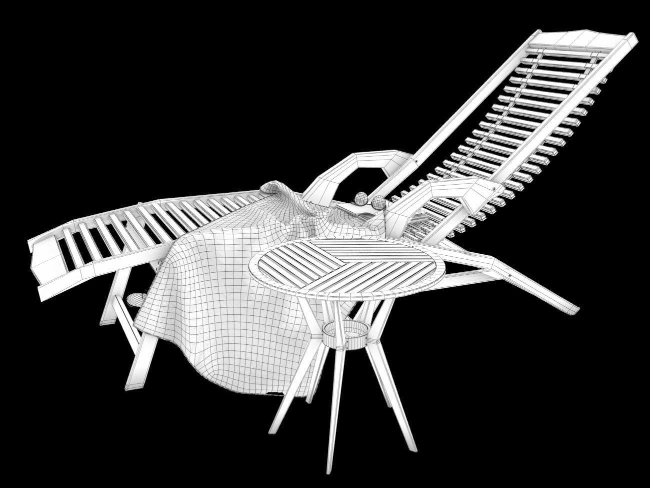 Wooden Sunbed with Table Low-poly 3D model_10
