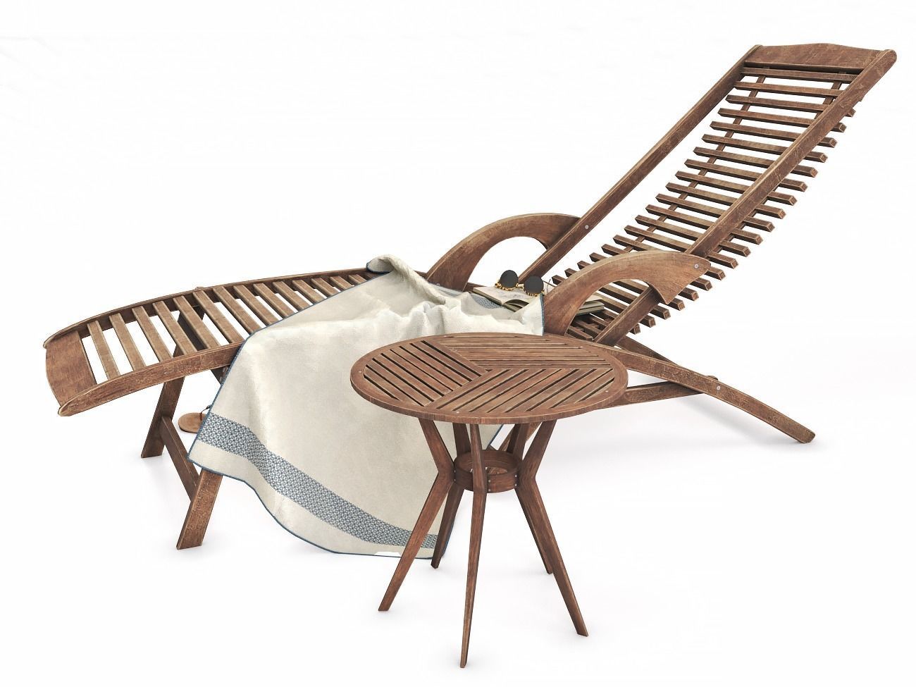 Wooden Sunbed with Table Low-poly 3D model_1