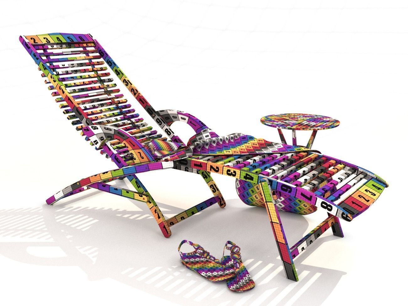 Wooden Sunbed with Table Low-poly 3D model_7