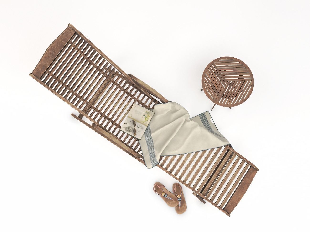 Wooden Sunbed with Table Low-poly 3D model_2