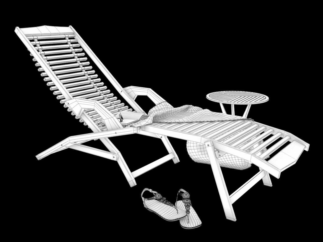 Wooden Sunbed with Table Low-poly 3D model_9