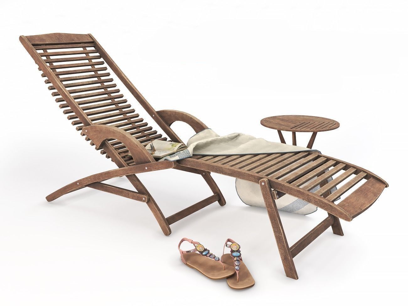 Wooden Sunbed with Table Low-poly 3D model_0
