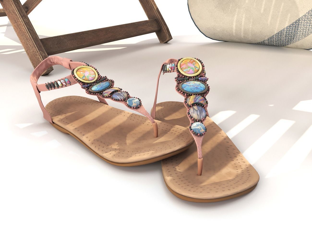 Wooden Sunbed with Table Low-poly 3D model_5