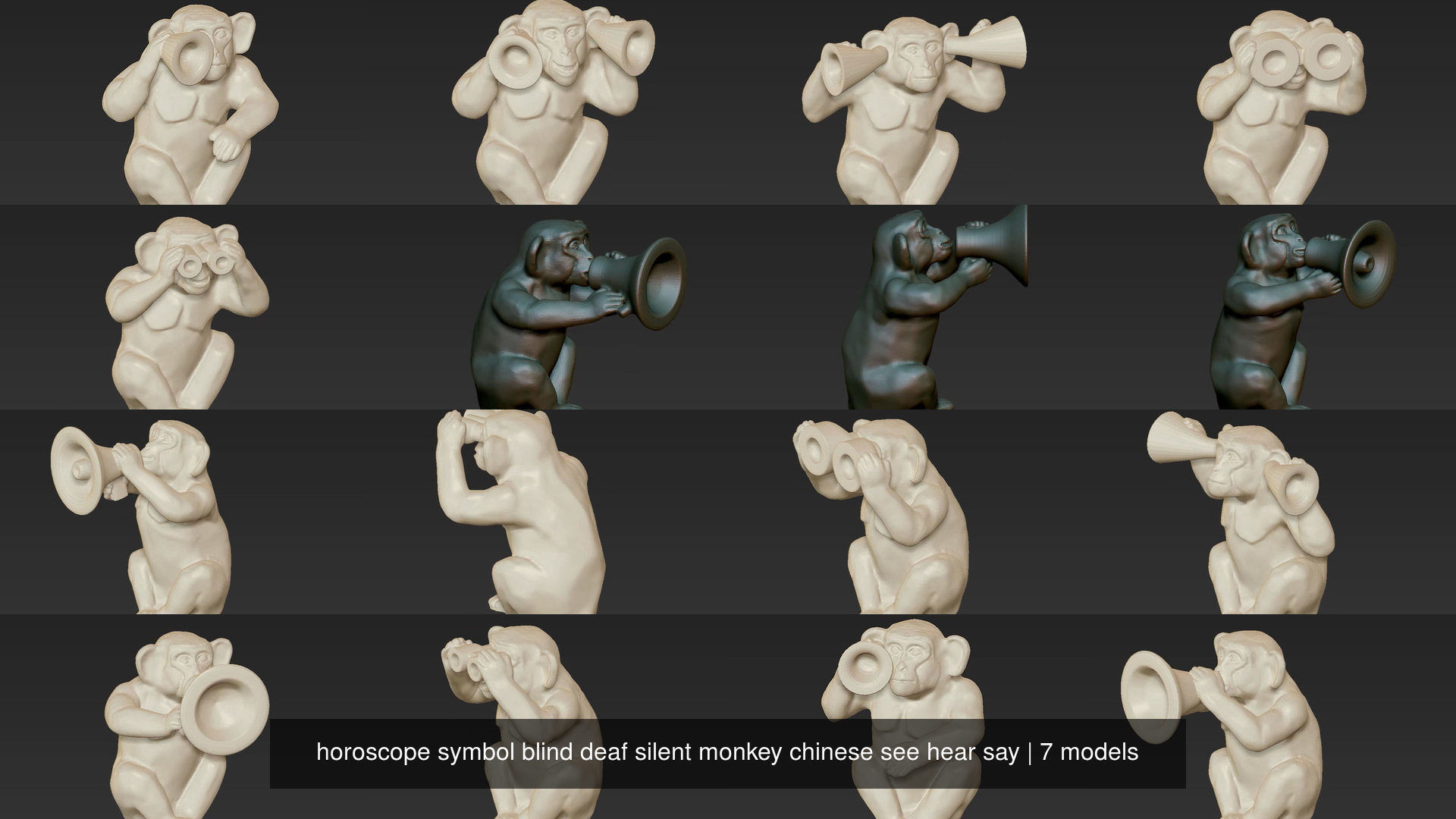horoscope symbol blind deaf silent monkey chinese see hear say 3D Model Collection_0