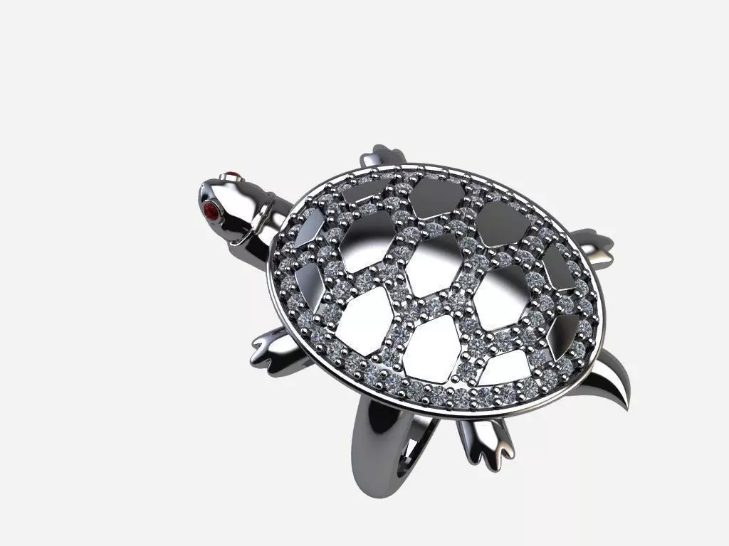 turtle silver ring with diamonds 3D print model_0