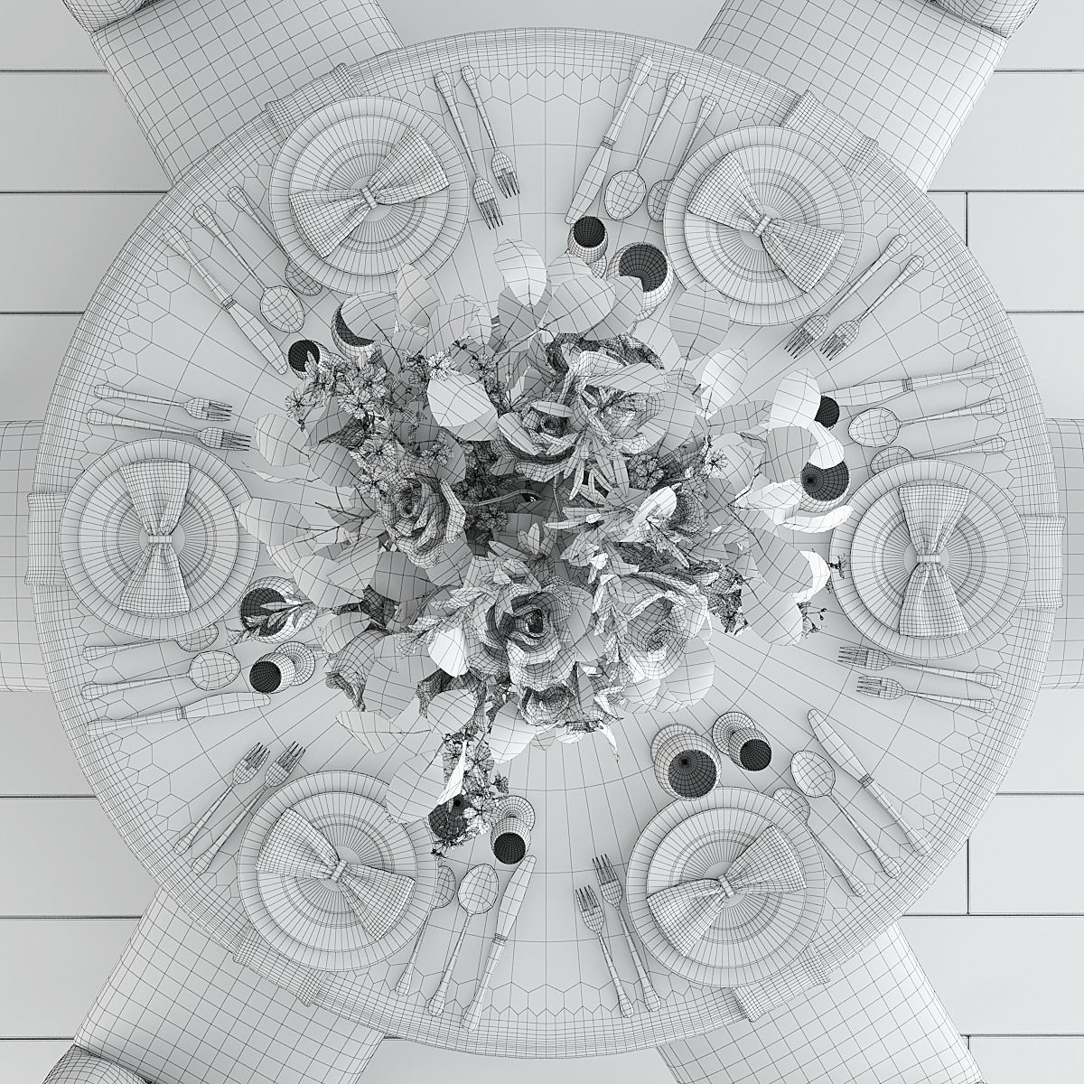 Dining Set round table with linen and chairs 3D model_8