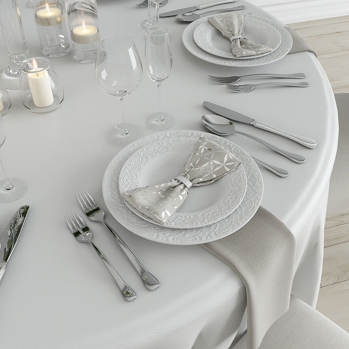 Dining Set round table with linen and chairs 3D model_4