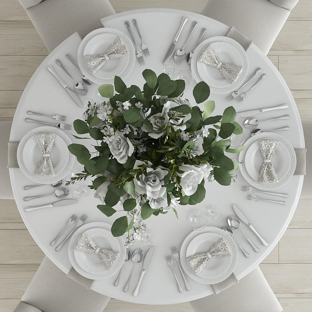 Dining Set round table with linen and chairs 3D model_5