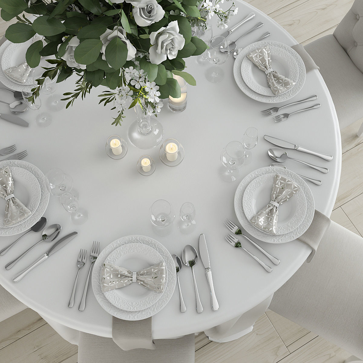 Dining Set round table with linen and chairs 3D model_3