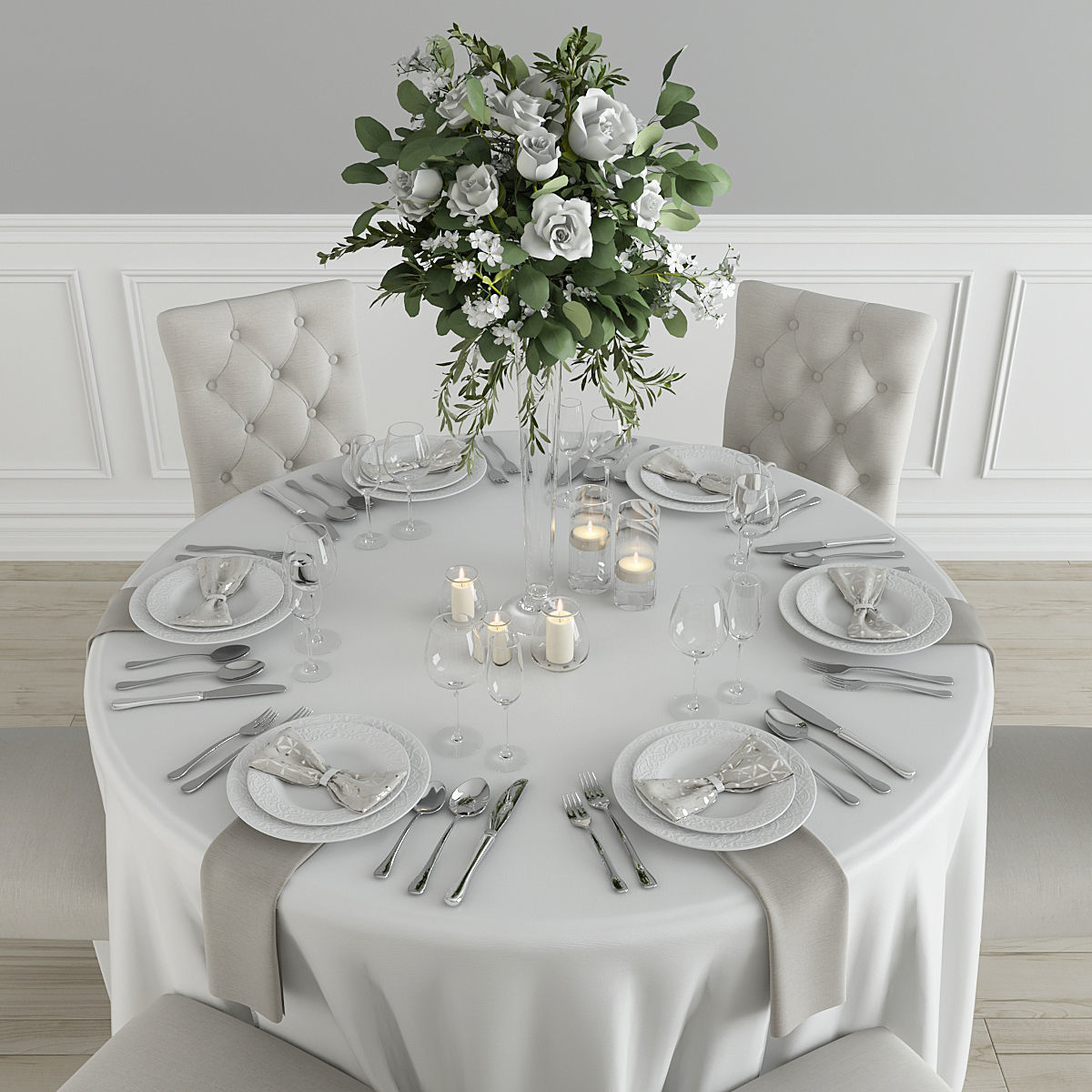 Dining Set round table with linen and chairs 3D model_1