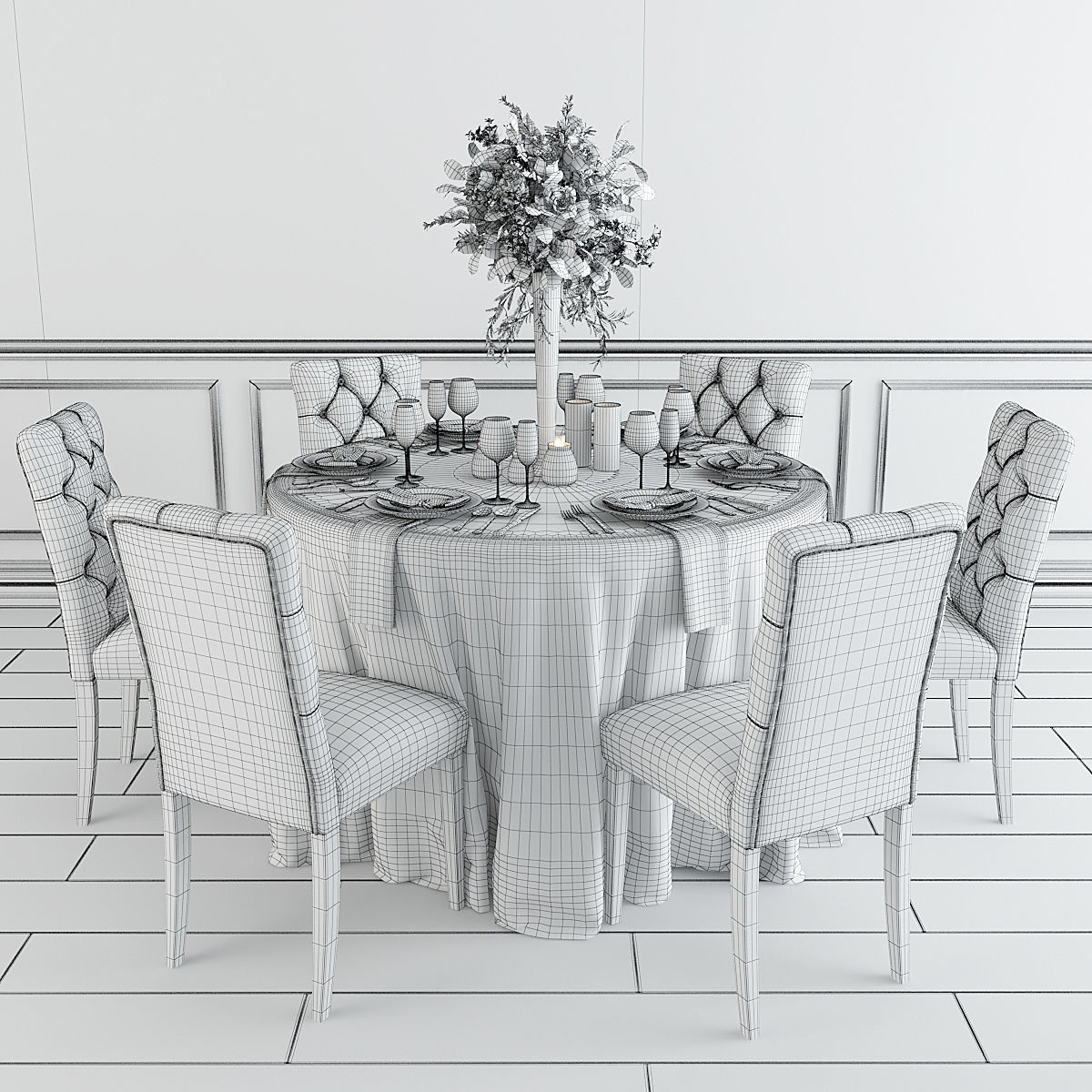 Dining Set round table with linen and chairs 3D model_6