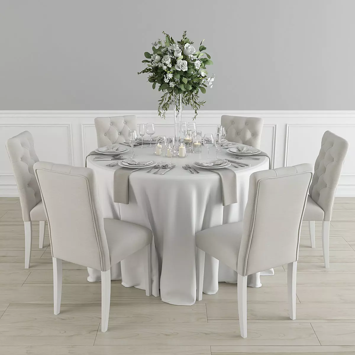 Dining Set round table with linen and chairs 3D model_0