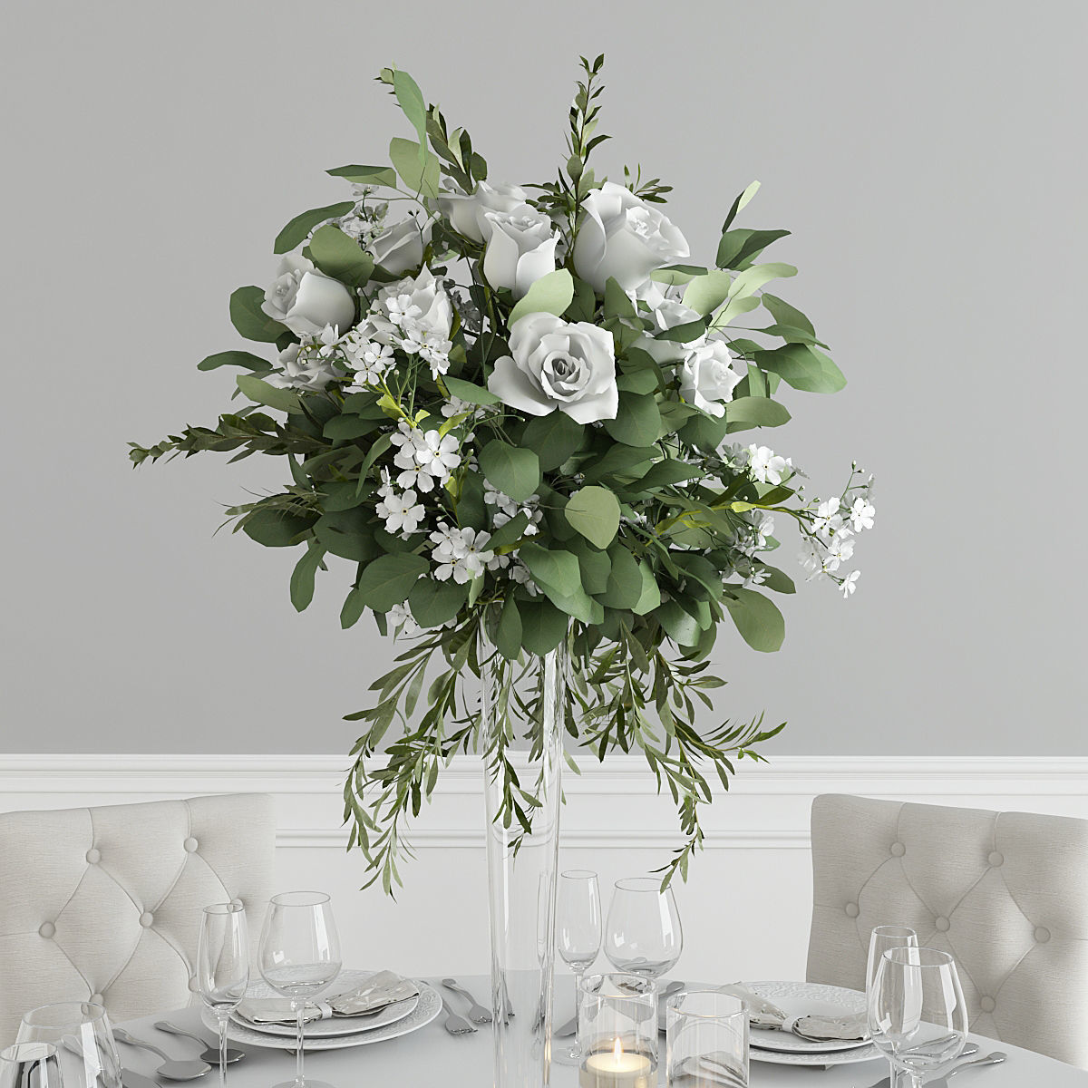 Dining Set round table with linen and chairs 3D model_2