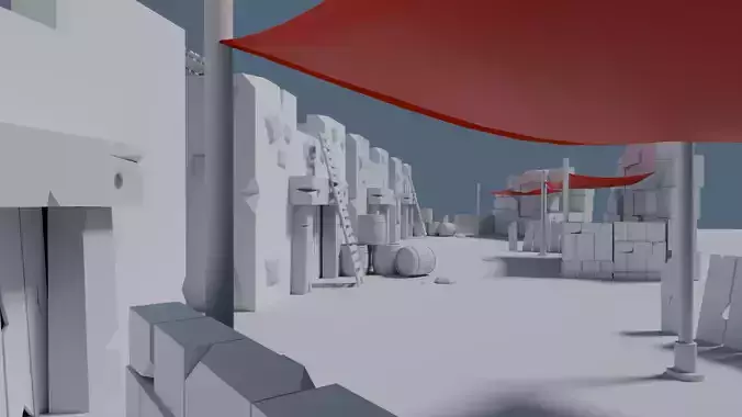 Low Poly Village street with buildings and umbrellas