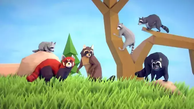 Poly Art Raccoons and Red Panda Low-poly 3D model