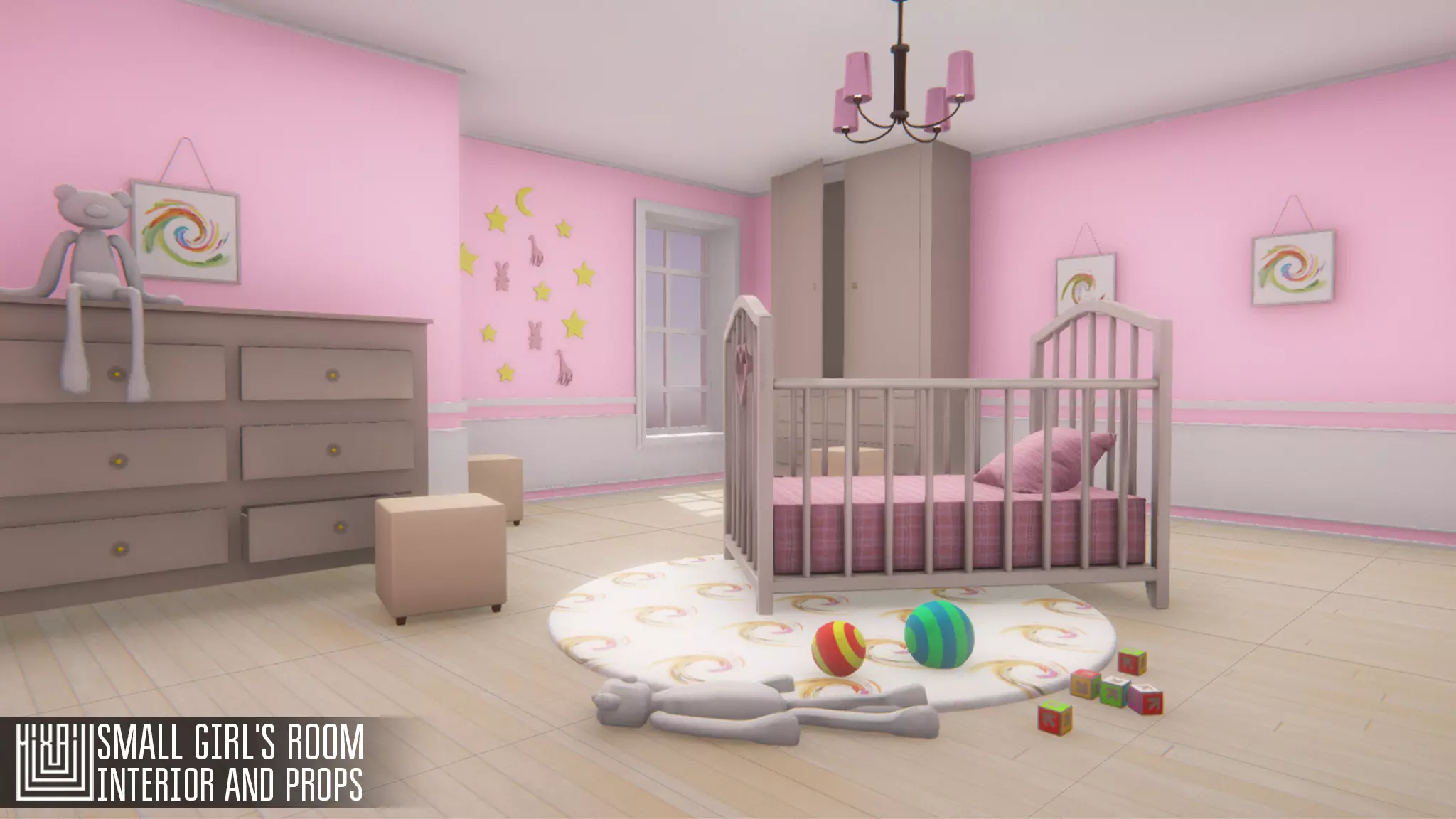 Small girls room - interior and props Low-poly 3D model
