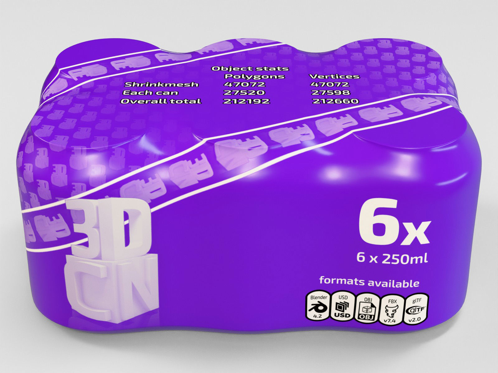 6 pack 250ml beverage cans in a plastic shrinkwrap 3D model_2