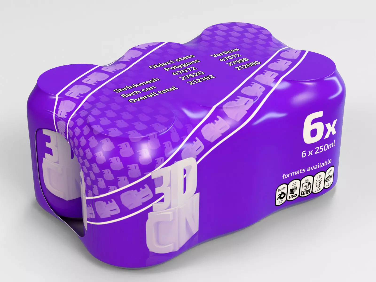6 pack 250ml beverage cans in a plastic shrinkwrap 3D model_0