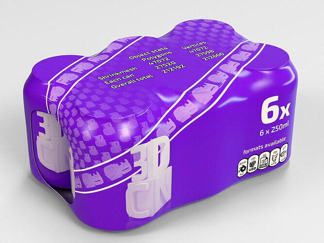 6 pack 250ml beverage cans in a plastic shrinkwrap 3D model