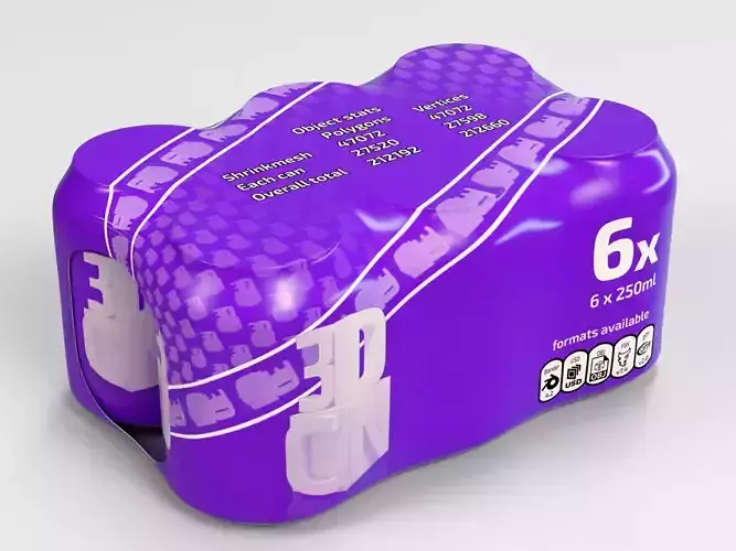 6 pack 250ml beverage cans in a plastic shrinkwrap 3D model