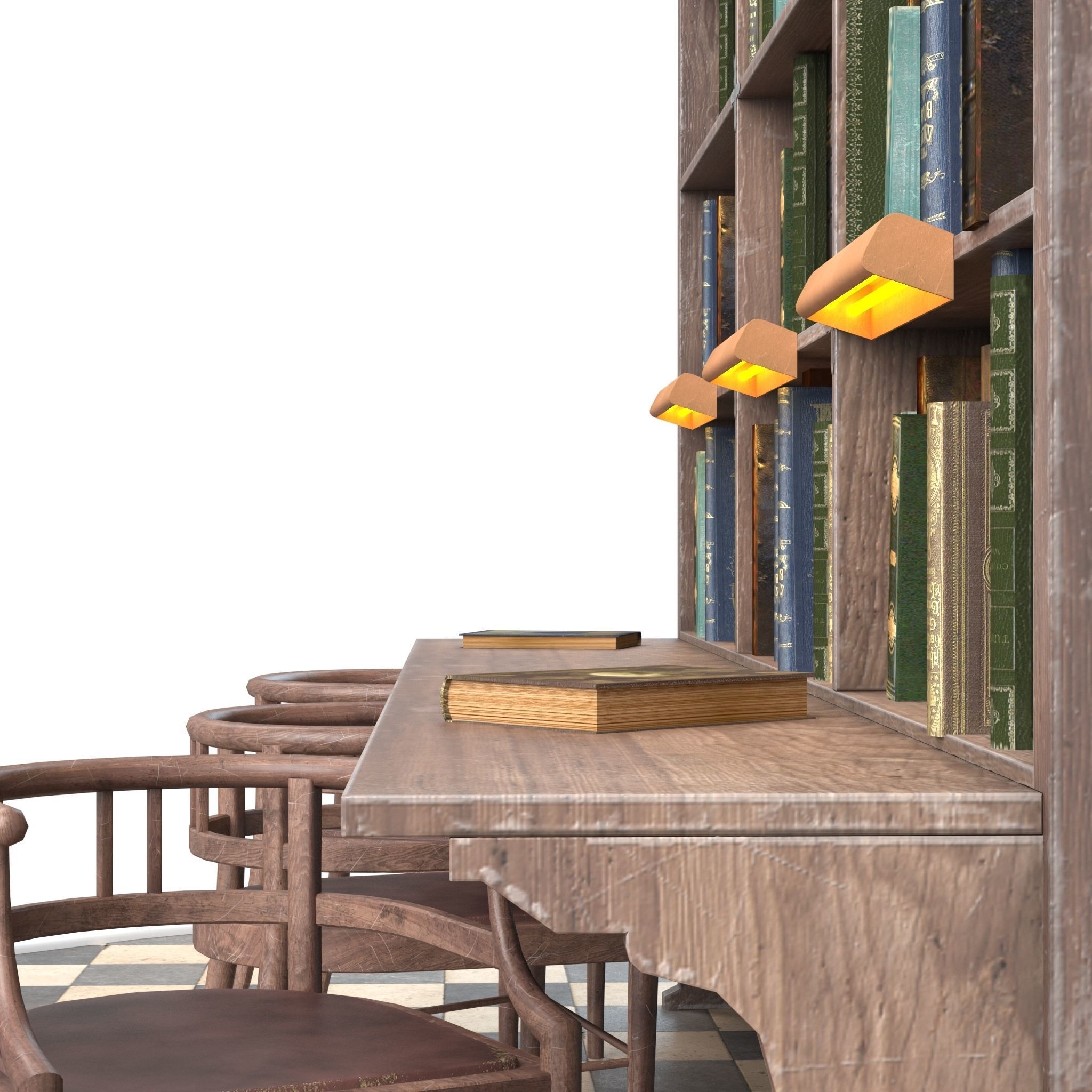 Bookshelf and chairs Low-poly 3D model_1