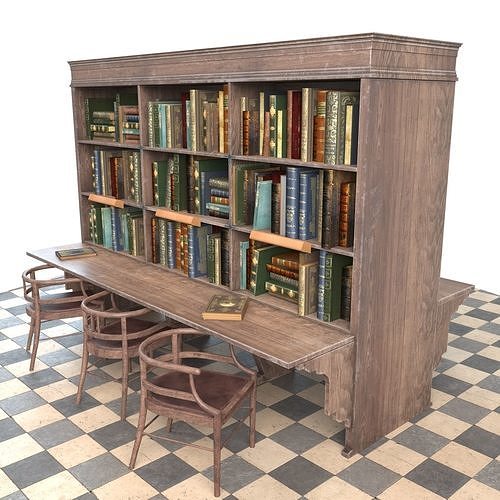 Bookshelf and chairs Low-poly 3D model