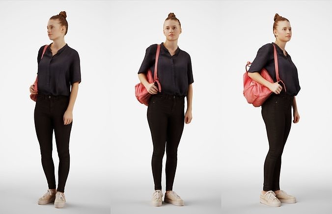 Isabel 01 Woman posed standing in casual oufit with red backpack 3D model