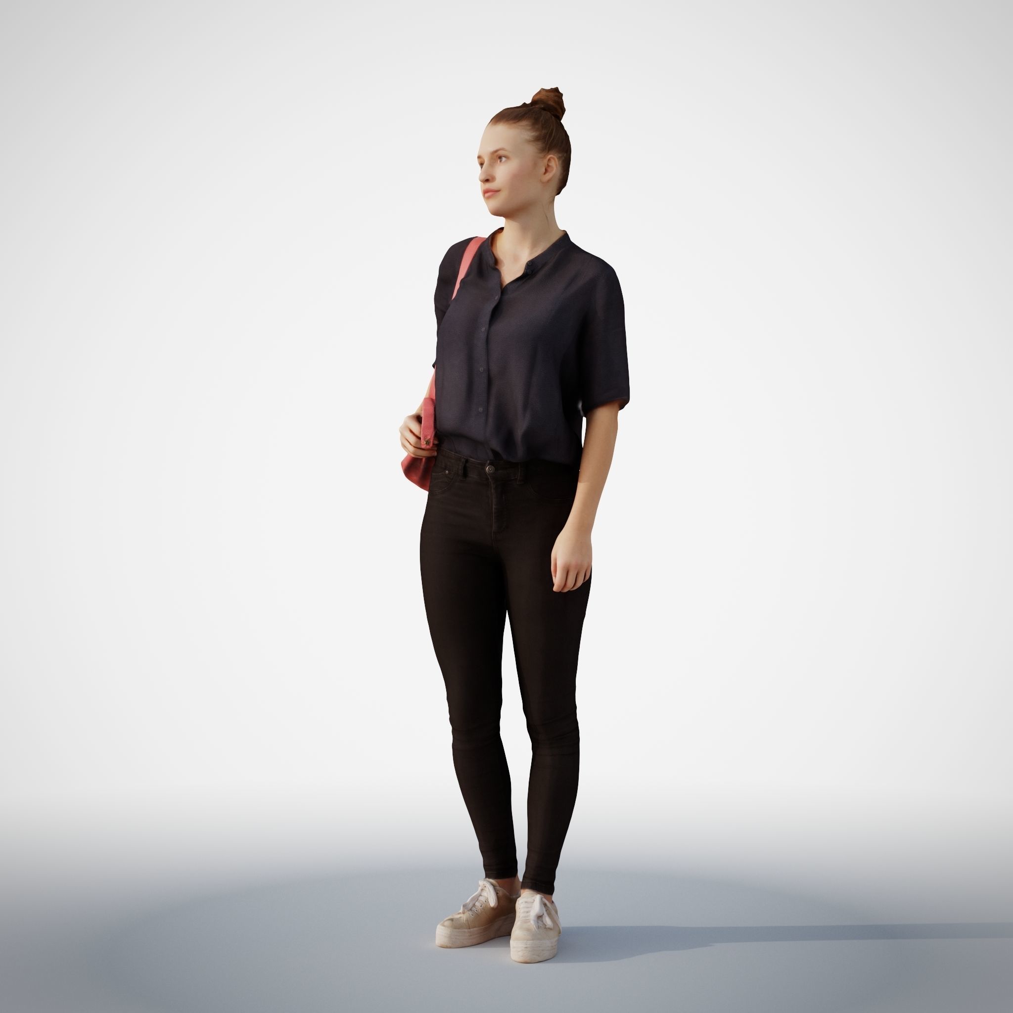 Isabel 01 Woman posed standing in casual oufit with red backpack 3D model_7