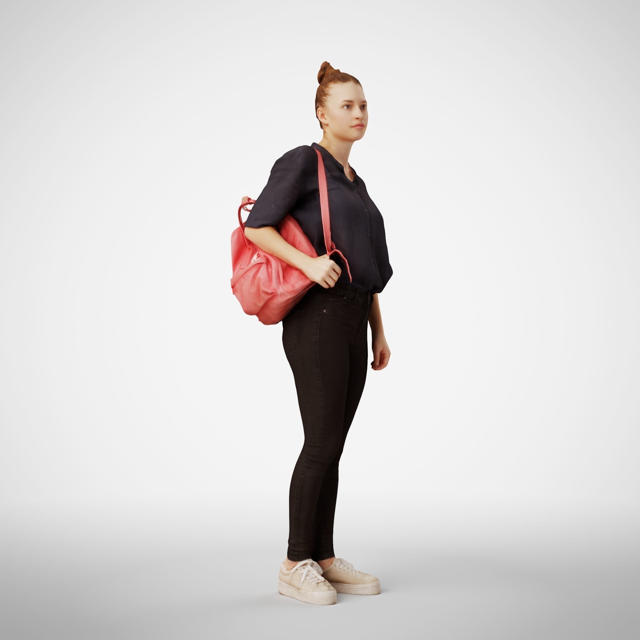 Isabel 01 Woman posed standing in casual oufit with red backpack 3D model_5