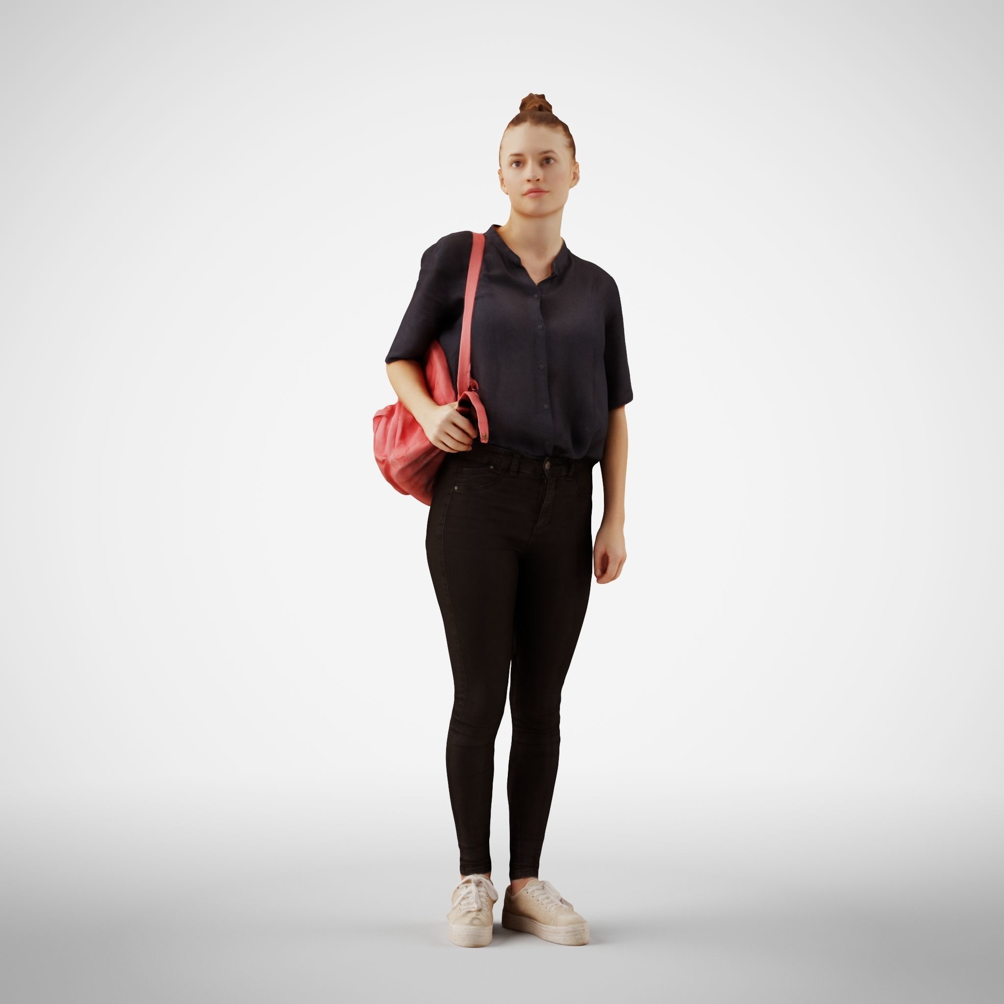 Isabel 01 Woman posed standing in casual oufit with red backpack 3D model_1