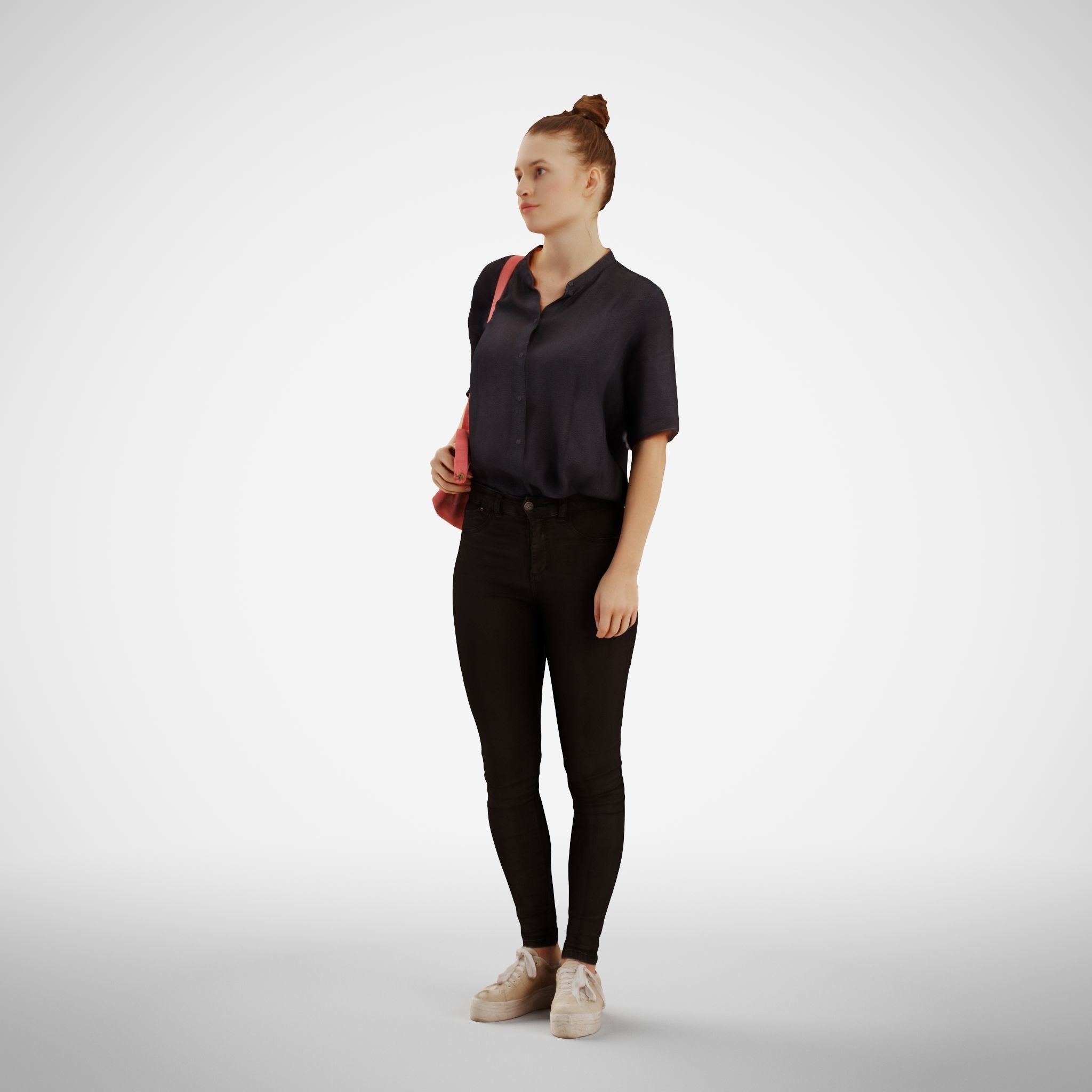 Isabel 01 Woman posed standing in casual oufit with red backpack 3D model_2